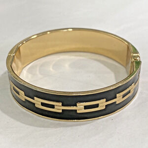 Hinged clamper bracelet goldtone & black enamel chain geometric fashion jewelry